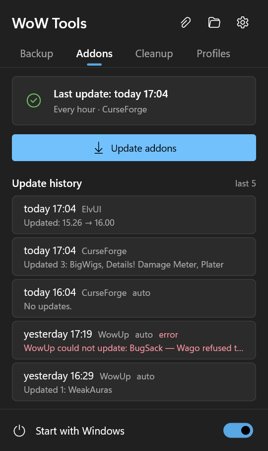 Addons tab: last update and the update history