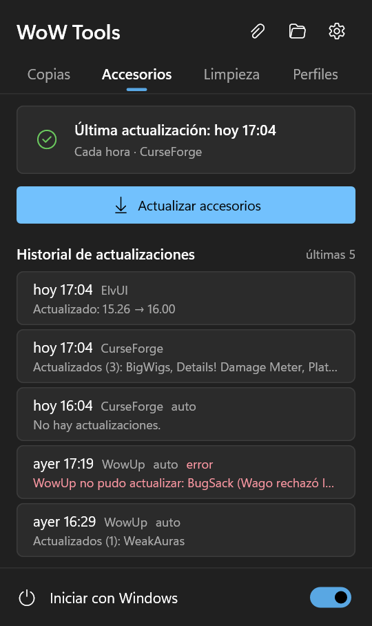 Pestaña Accesorios: última actualización e historial