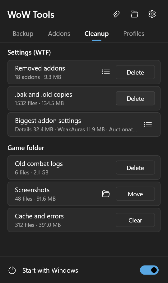 Cleanup tab with sizes and a button per item