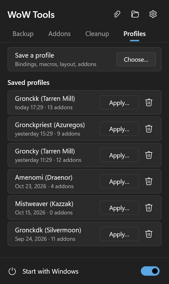 Profiles tab with saved UI profiles