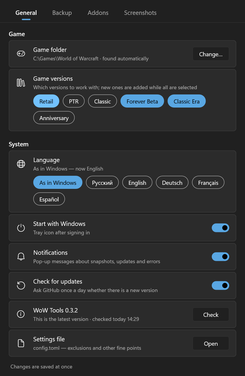 Settings window, General tab