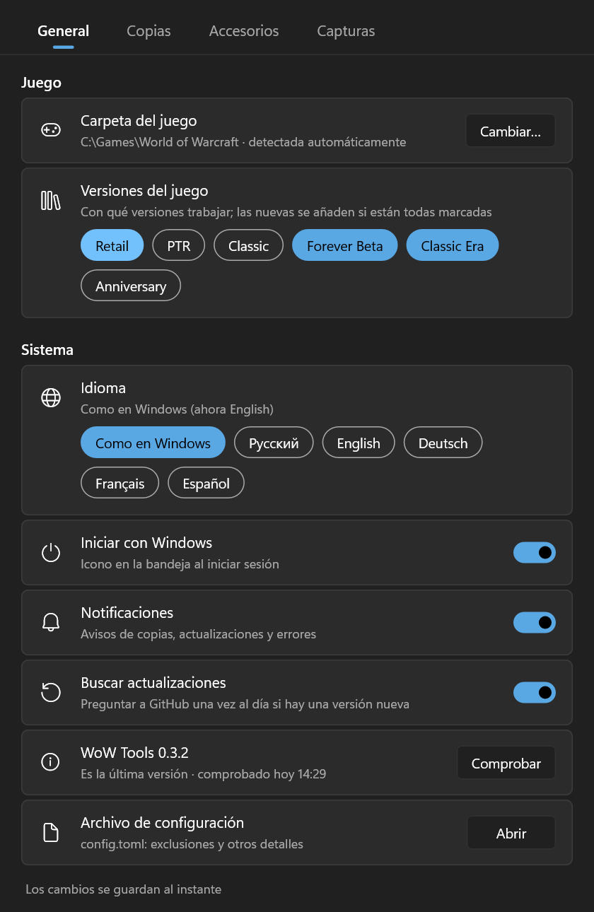 Ventana de configuración, pestaña General